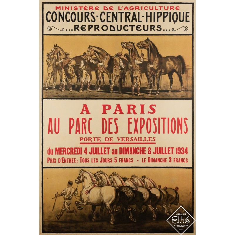Affiche ancienne originale - Concours central hippique - Reproducteurs - André Frémond - 120 par 79 cm