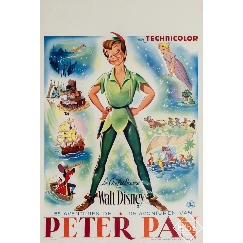 Affiche ancienne originale de cinéma - Les aventures de Peter Pan - Walt Disney Productions - Circa 1960 - 54 par 36 cm