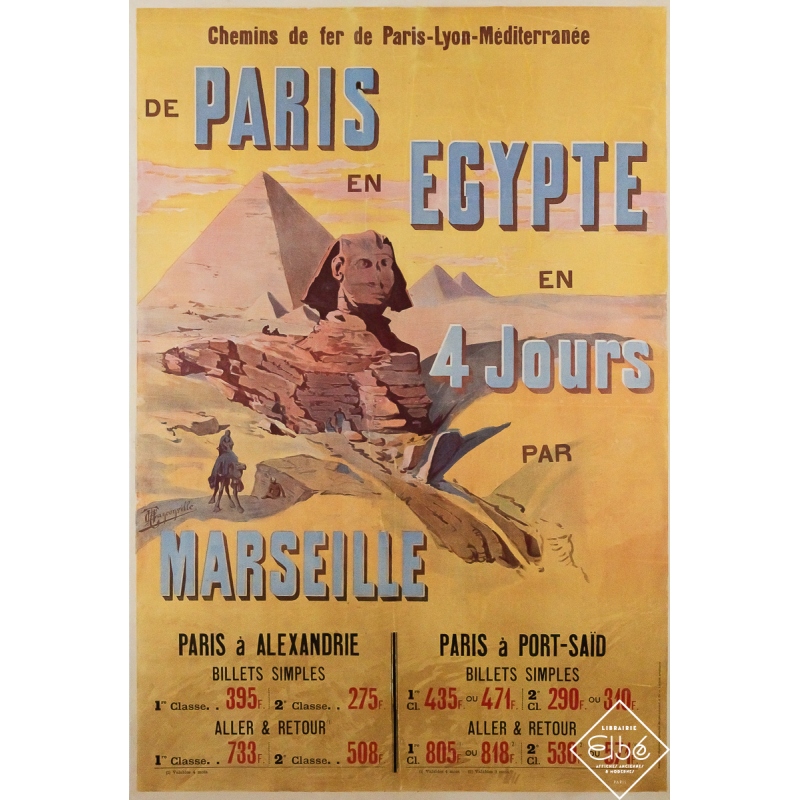 Affiche ancienne originale de voyage - De Paris en Égypte - PLM - Tanconville - Circa 1900 - 112 par 76 cm