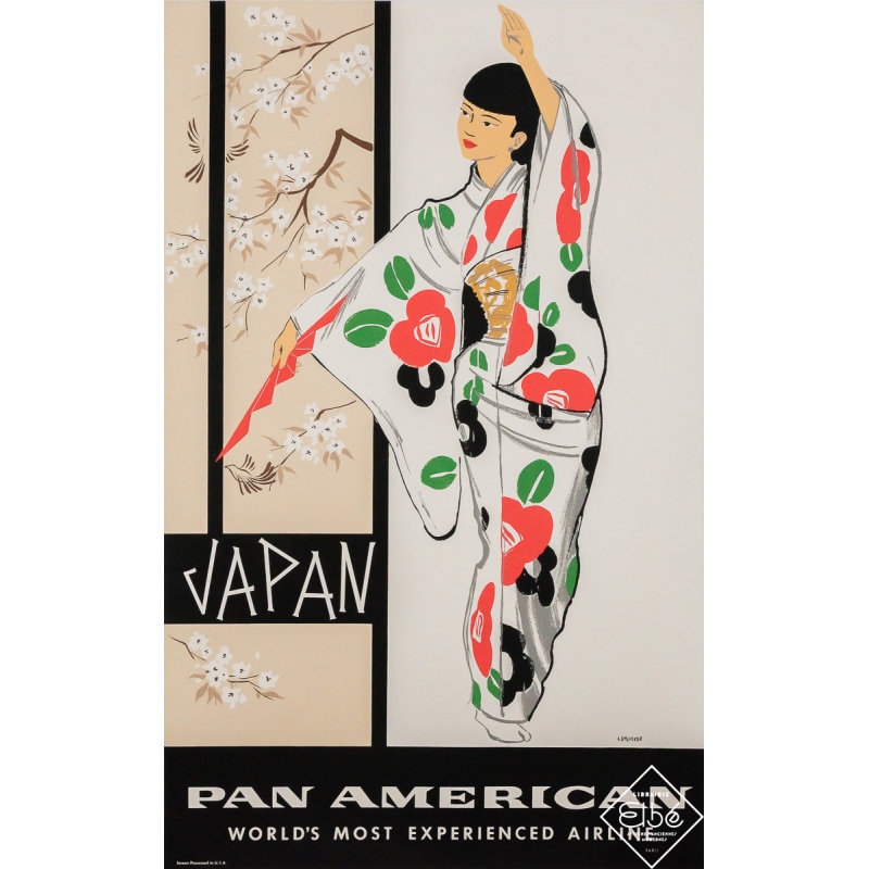 Original vintage travel poster Pan American Japan - Japon - A. Amspoker - Circa 1960 - 35.04 by 21.85 inches