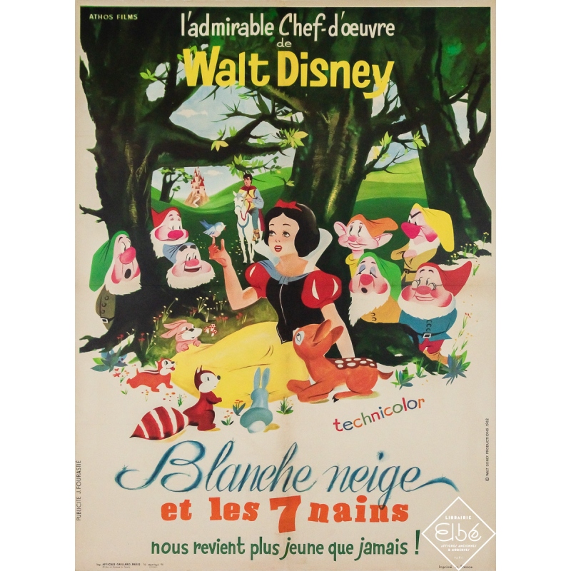 Affiche ancienne originale de cinéma - Blanche Neige et les sept nains - Walt Disney Productions - 80 par 59 cm