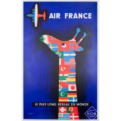 Original vintage travel poster Air France - Le plus long réseau du monde - Raymond Savignac - 39.37 by 24.8 inches