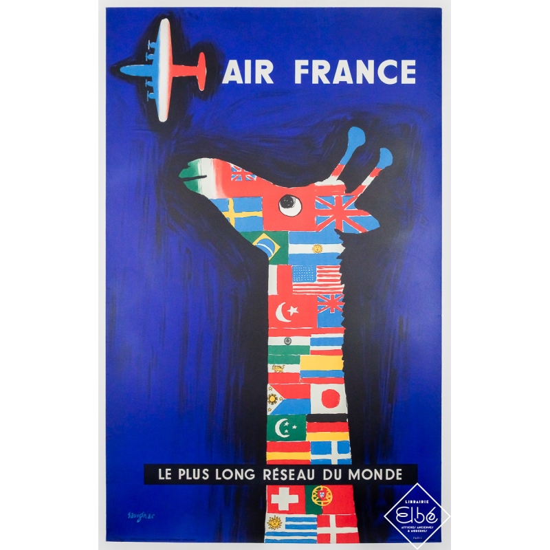 Affiche ancienne originale de voyage - Air France - Le plus long réseau du monde - Raymond Savignac - 100 par 63 cm