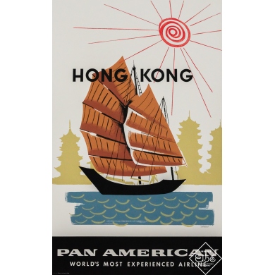 Original vintage travel poster Pan American Hong Kong - A. Amspoker  - Circa 1960 - 35.24 by 21.85 inches