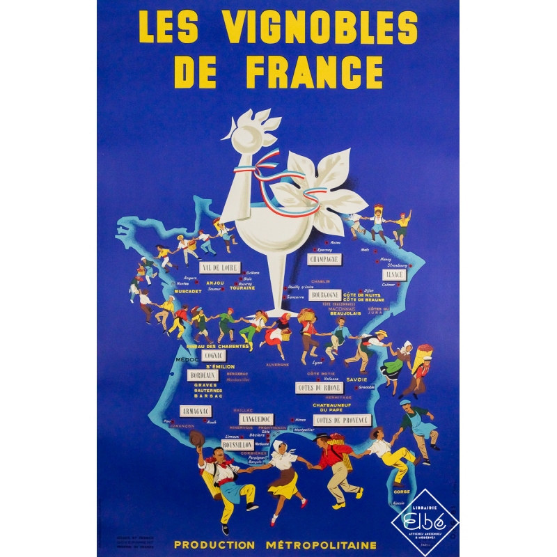 Affiche ancienne originale de voyage - Les vignobles de France - Jihel - 96.5 par 63.5 cm
