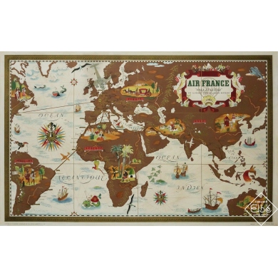 Original vintage travel poster Planisphère Air France - Lucien Boucher - Circa 1930 - 24.8 by 38.98 inches