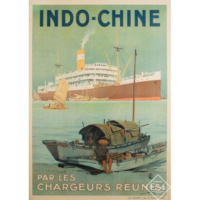 Affiche ancienne originale de voyage - Indo-Chine par les Chargeurs Réunis - Sandy Hook - Circa 1925 - 104 par 74 cm