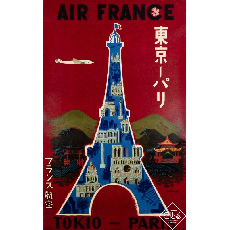 Original vintage travel poster Air France Tokio Paris - Tokyo - Bernard Villemot - 38.98 by 24.41 inches
