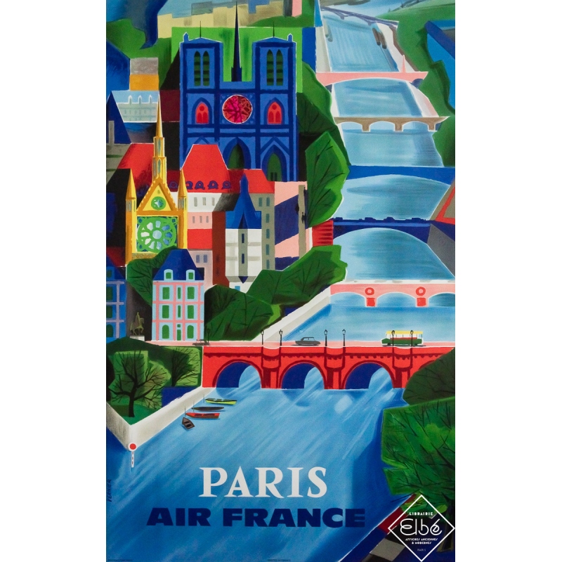 Affiche ancienne originale de voyage - Air France Paris - Vernier - 99 par 62 cm