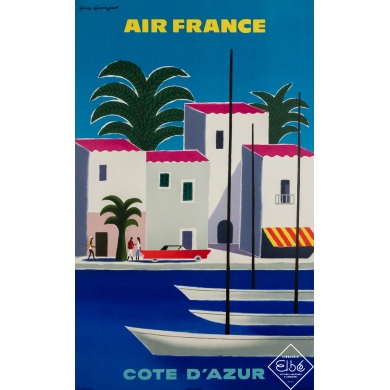 Affiche ancienne originale de voyage - Air France Côte d’Azur - Guy Georget - 100 par 62 cm