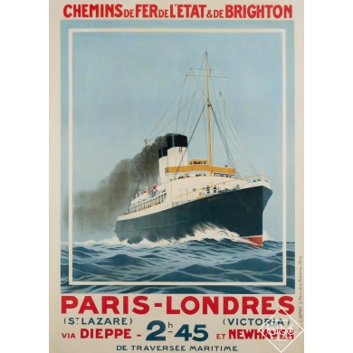 Affiche ancienne - Paris - Londres - Chemins de fer de l’Etat et de Brighton - Sandy Hook - Circa 1930 - 105.5 par 76 cm