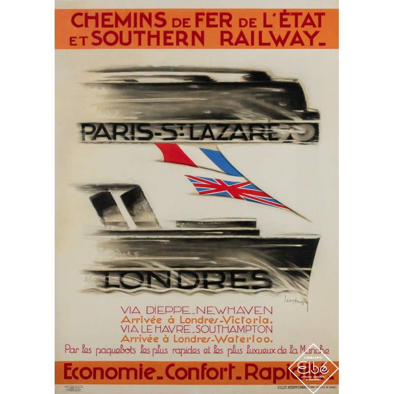 Affiche ancienne - Paris Saint Lazare - Londres - Chemins de fer de l’Etat et Southern Railway - Léon Dupin - 105.5 par 76.5 cm