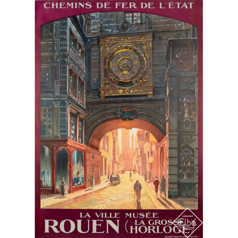 Original vintage travel poster Rouen - La grosse horloge - Chemins de fer de l’Etat - P. Commarmond - 41.34 by 29.33 inches