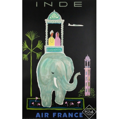 Affiche ancienne originale de voyage - Air France Inde - Villemot  - 99.5 par 62.5 cm