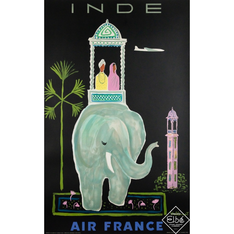 Affiche ancienne originale de voyage - Air France Inde - Villemot  - 99.5 par 62.5 cm