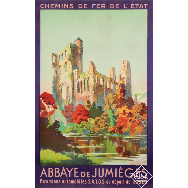 Original vintage travel poster Abbaye de Jumièges - Chemins de fer de l’Etat - 39.37 by 24.8 inches