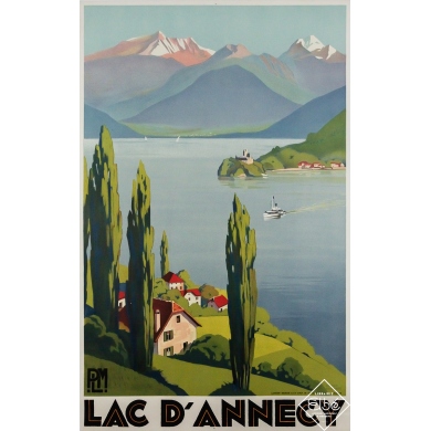 Affiche ancienne originale de voyage - Lac d’Annecy PLM - Roger Broders - 100 par 62 cm