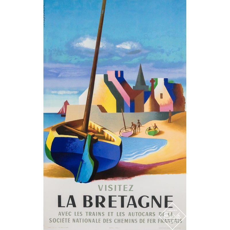 Affiche ancienne originale de voyage - Visitez la Bretagne SNCF - Nathan - 100 par 62.5 cm