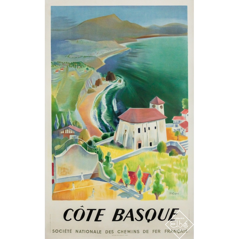 Affiche ancienne originale de voyage - Côte basque SNCF - Vecoux - 100 par 61.5 cm