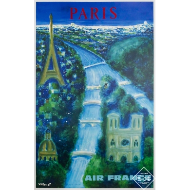 Affiche ancienne originale de voyage - Air France Paris - Villemot  - 99.5 par 62.5 cm