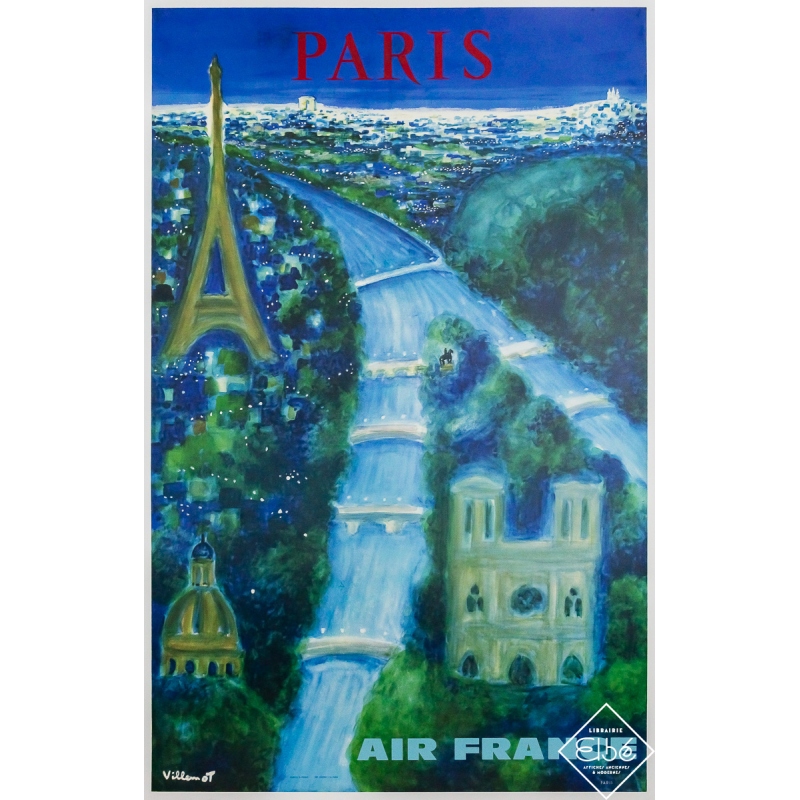 Original vintage travel poster Air France Paris - Villemot  - 39.17 by 24.61 inches