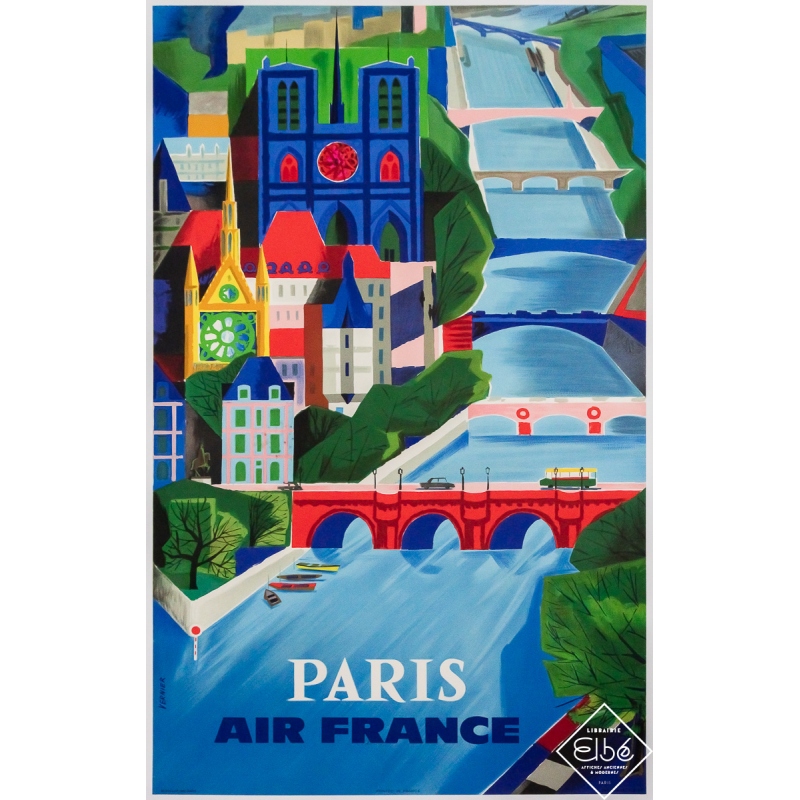 Affiche ancienne originale de voyage - Air France Paris - Vernier - 99.5 par 62 cm