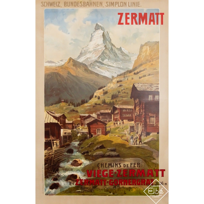 Affiche ancienne originale de voyage - Zermatt - A. Reckziegel - Circa 1900 - 107.5 par 71 cm