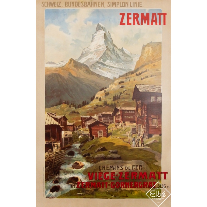 Original vintage travel poster Zermatt - A. Reckziegel - Circa 1900 - 42.32 by 27.95 inches