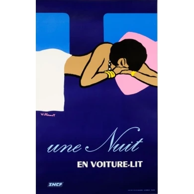 "A Night In A Car-sleeper Train" - Original poster signed by Villemot - 1973 - French National Railways Company