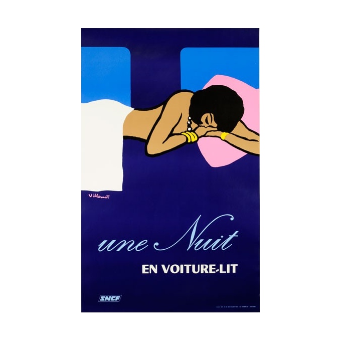 "A Night In A Car-sleeper Train" - Original poster signed by Villemot - 1973 - French National Railways Company
