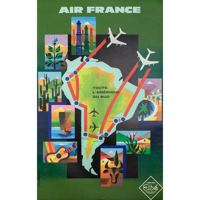Affiche ancienne originale de voyage - Air France Amérique du Sud  - Nathan - 100 par 62 cm