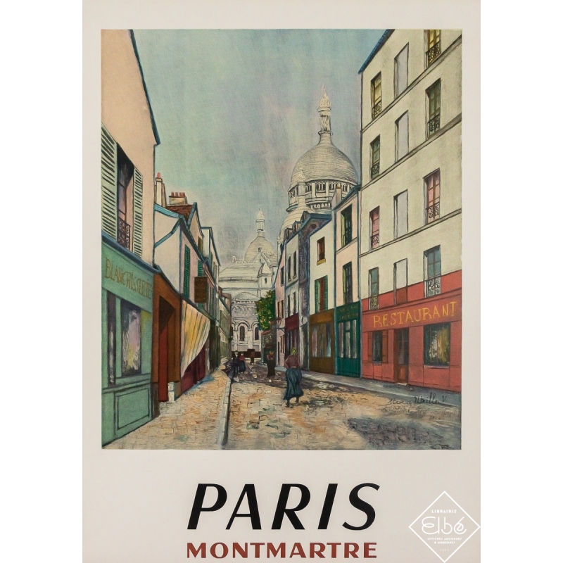 Affiche ancienne originale de voyage - Paris Montmartre - Maurice Utrillo - Circa 1950 - 88 par 61.5 cm