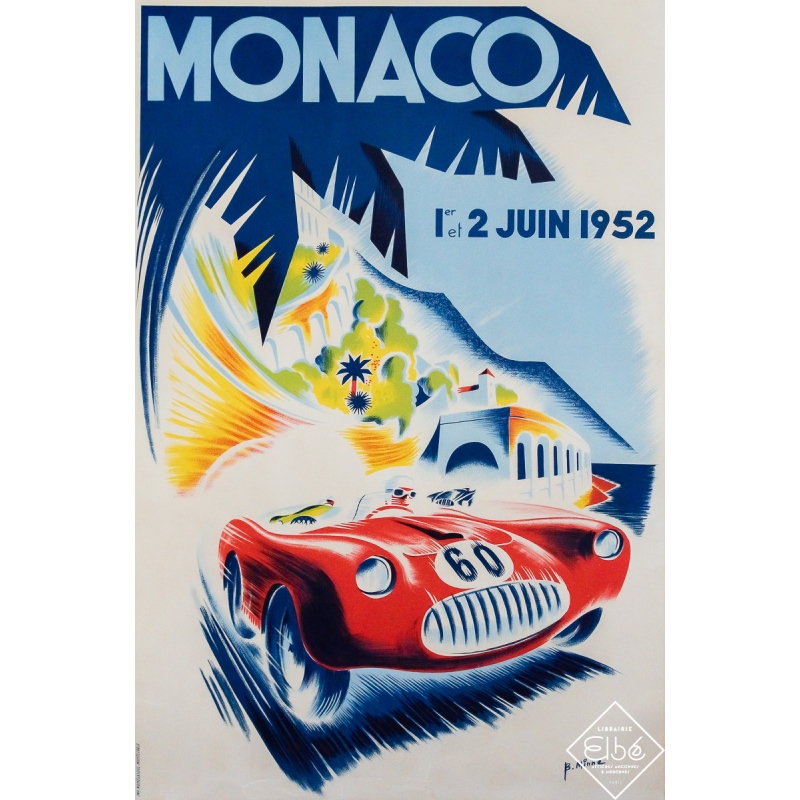 Affiche ancienne originale - Prix de Monaco 1952 - Bernard Minne - 117 par 78.5 cm