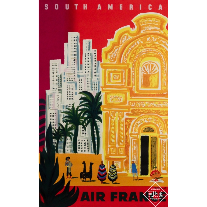 Affiche ancienne originale de voyage - Air France South America - Amérique du Sud  - Bernard Villemot - 99.5 par 62 cm