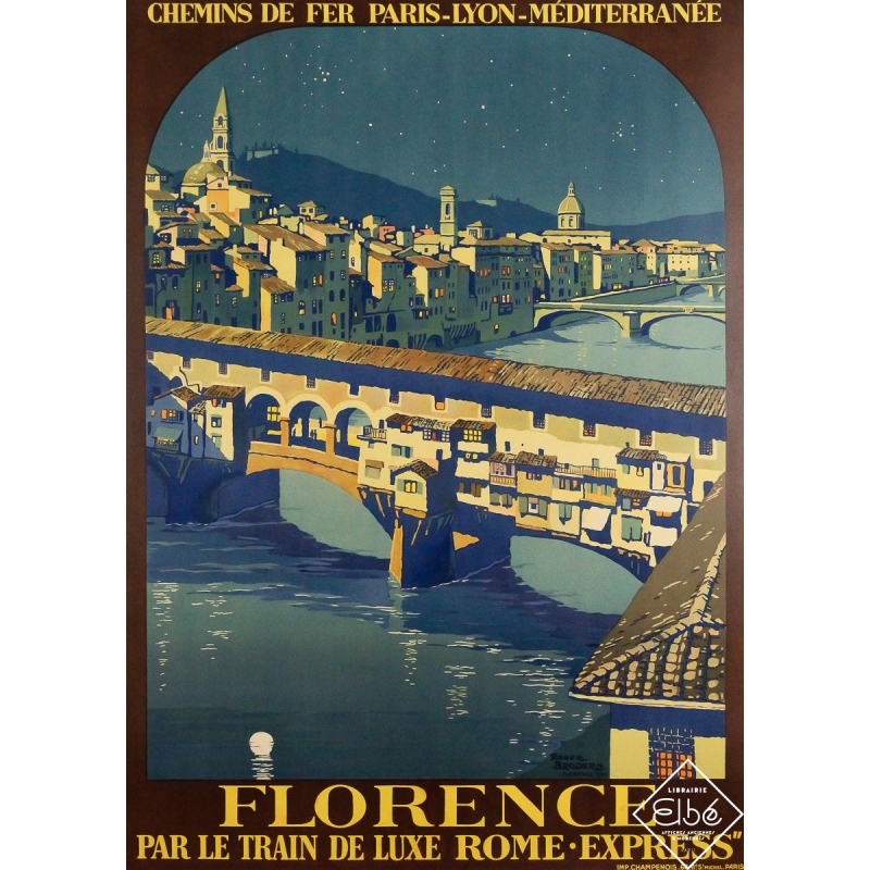 Affiche ancienne originale de voyage - Florence par le train de luxe Rome Express - Roger Broders - 103.5 par 75 cm