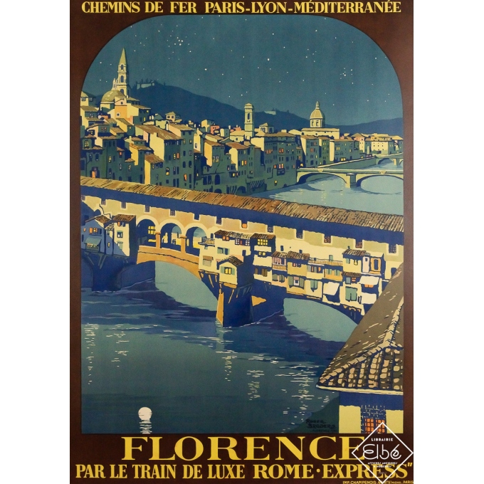 Affiche ancienne originale de voyage - Florence par le train de luxe Rome Express - Roger Broders - 103.5 par 75 cm