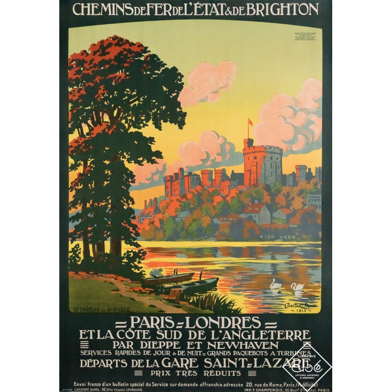 Original vintage travel poster Paris-Londres Le château de Windsor - Constant Duval - 40.55 by 28.74 inches