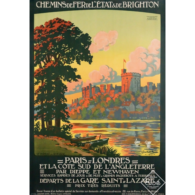 Affiche ancienne originale de voyage - Paris-Londres Le château de Windsor - Constant Duval - 103 par 73 cm