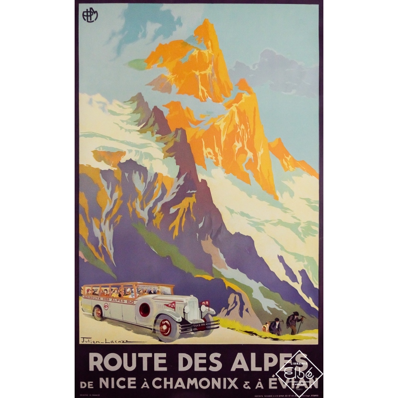 Original vintage travel poster Route des Alpes - Julien Lacaze - Circa 1920 - 39.76 by 24.8 inches