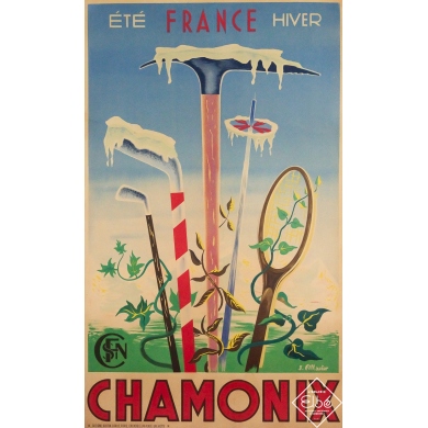 Affiche ancienne originale de voyage - Chamonix SNCF - J. Fillacier - Circa 1945 - 96 par 57.5 cm
