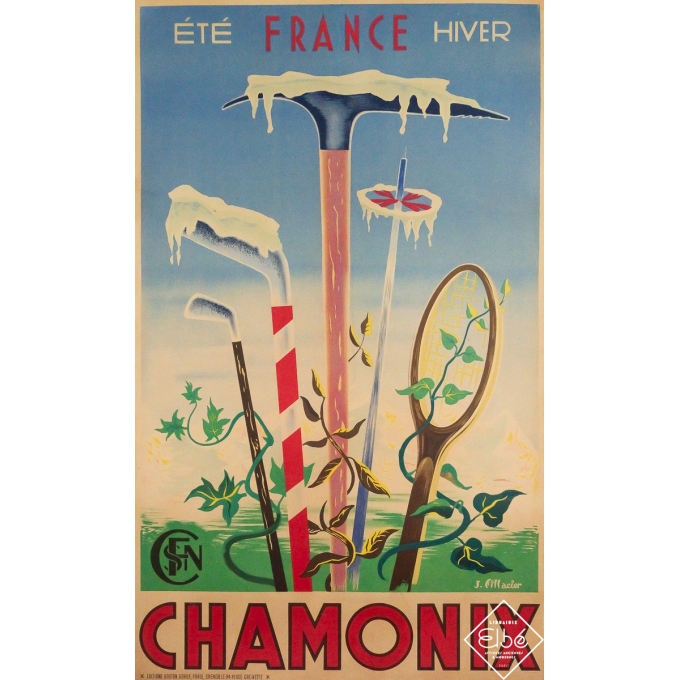 Affiche ancienne originale de voyage - Chamonix SNCF - J. Fillacier - Circa 1945 - 96 par 57.5 cm