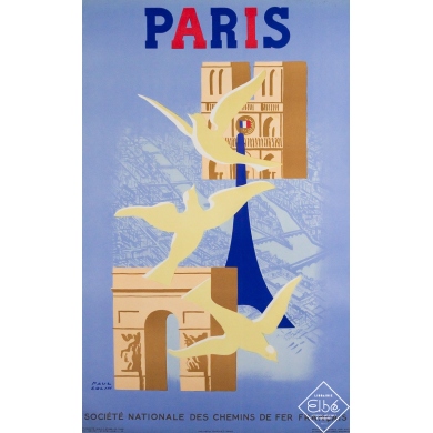 Original vintage travel poster Paris - SNCF - French railways - Paul Colin - 39.17 by 24.41 inches