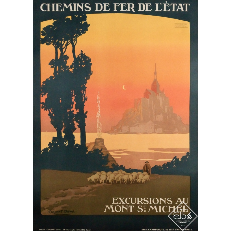 Affiche ancienne originale de voyage - Excursions au Mont Saint Michel - Constant Duval - Circa 1920 - 104.5 par 75.5 cm