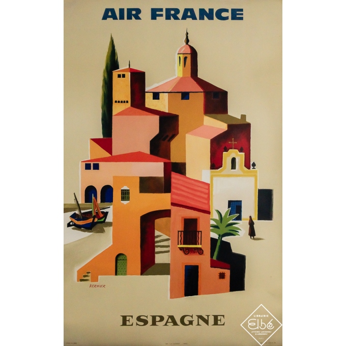 Affiche ancienne originale de voyage - Air France Espagne - Vernier - 98 par 63 cm