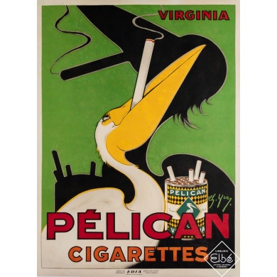 Affiche ancienne originale de publicité - Pélican cigarettes - Virginia - Ch. Yraj - Circa 1960 - 78 par 58 cm
