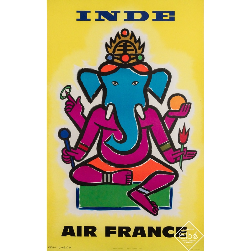 Affiche ancienne originale de voyage - Air France Inde - Jean Carlu - 100 par 62 cm