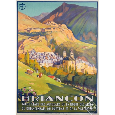Affiche ancienne originale de voyage - Briançon - Route des Alpes - PLM - Geo François - 106 par 77 cm