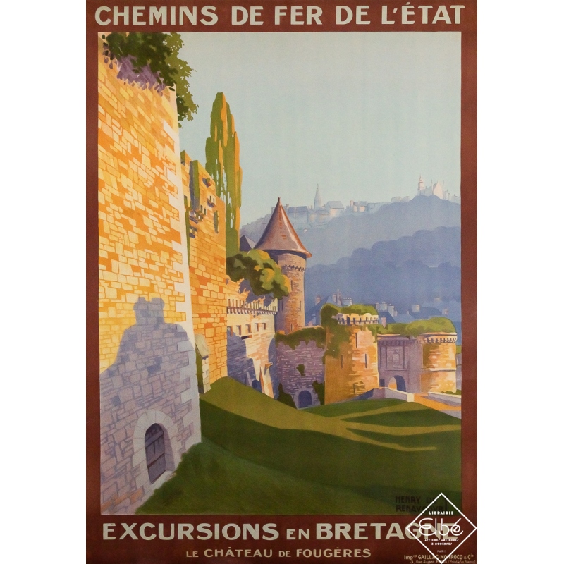 Affiche ancienne originale - Excursions en Bretagne - le château de Fougères - Henry de Renaucourt - Circa 1920 - 105 par 73 cm