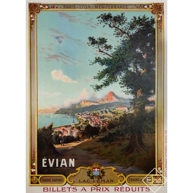 Affiche ancienne originale de voyage - Evian - Lac Léman - PLM - De Gauvain - Circa 1905 - 103 par 74 cm