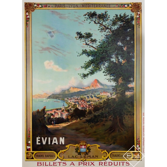 Affiche ancienne originale de voyage - Evian - Lac Léman - PLM - De Gauvain - Circa 1905 - 103 par 74 cm